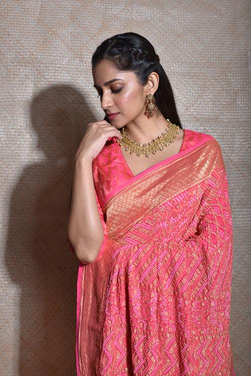 Regal and Evergreen Pure Zari Banarasi Bandhani Saree in Peach