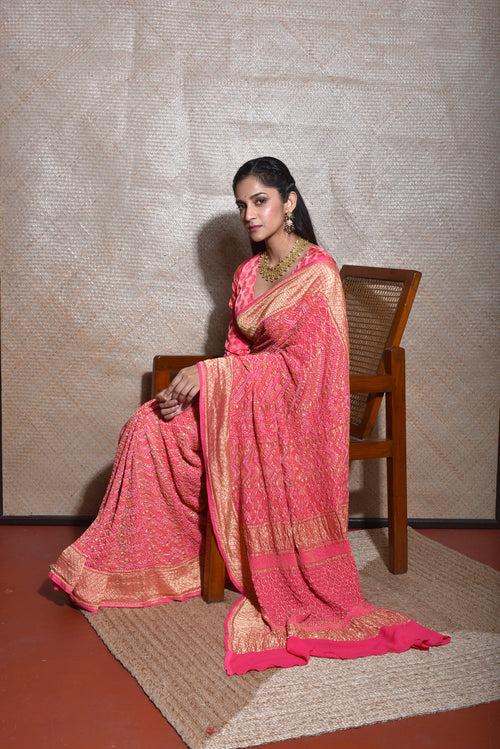 Regal and Evergreen Pure Zari Banarasi Bandhani Saree in Peach