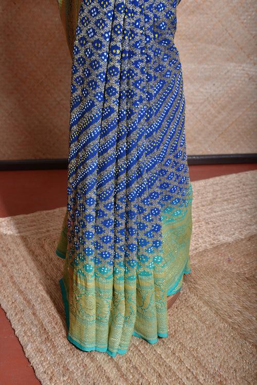 Sea Green Blue Shaded Banarasi Bandhani Saree