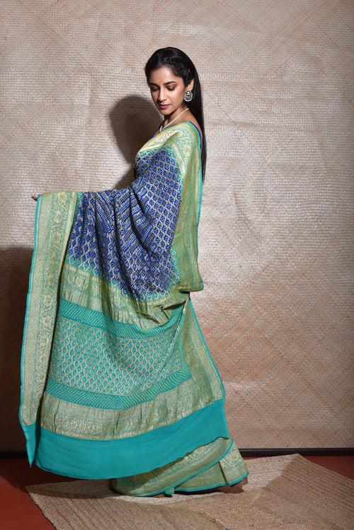 Sea Green Blue Shaded Banarasi Bandhani Saree