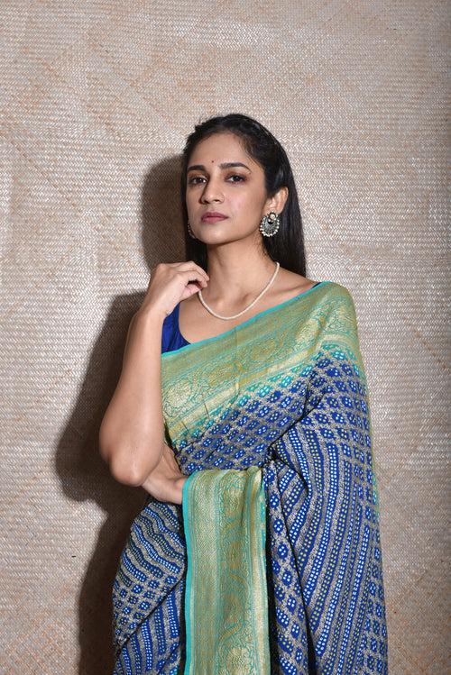 Sea Green Blue Shaded Banarasi Bandhani Saree