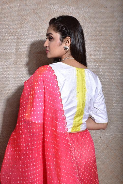 Bandhani on Organza Saree with Mirror Work - Tomato Lime