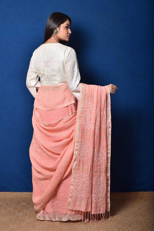 Peach Linen Bandhani Saree