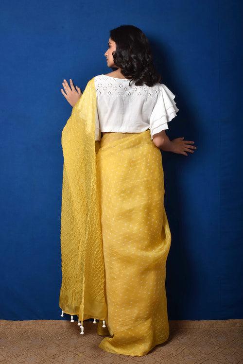 Bandhani on Pure Organza Saree in Pale Yellow