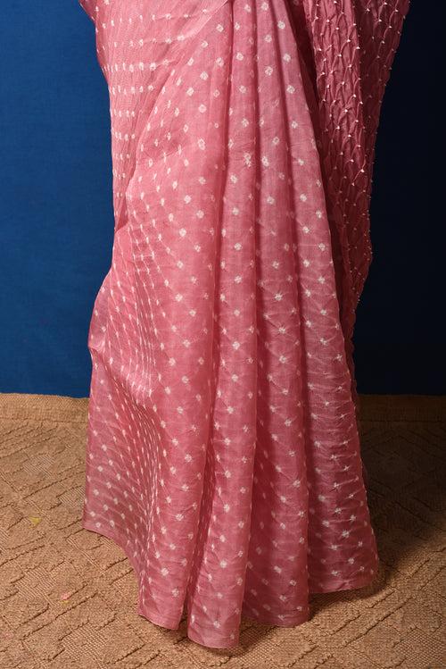 Bandhani on Pure Organza Saree in Onion Pink