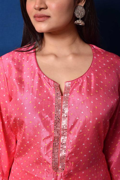 Deep Pink Bandhani on Silk Kurta with Mirror Work