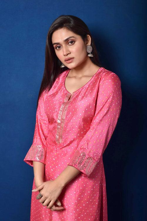 Deep Pink Bandhani on Silk Kurta with Mirror Work