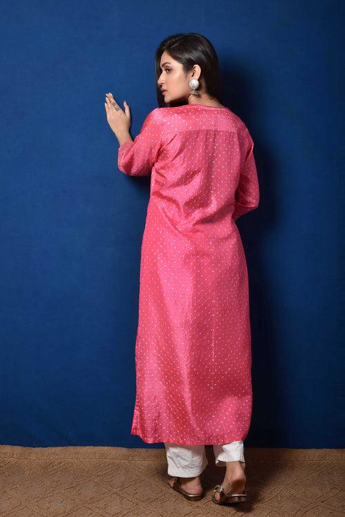 Deep Pink Bandhani on Silk Kurta with Mirror Work