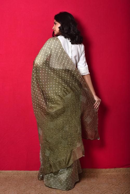 Bandhani on Organza Saree with Pattern on Pallu - Dull Green