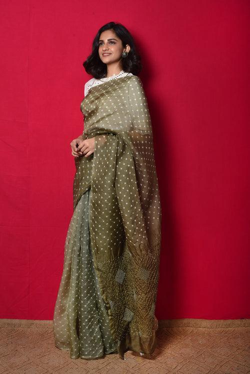 Bandhani on Organza Saree with Pattern on Pallu - Dull Green