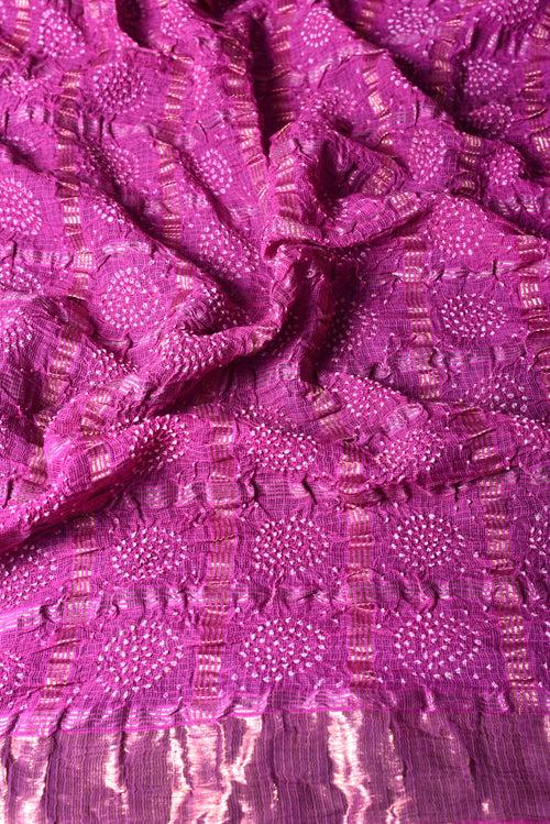 Pure Zari Kota Saree with Bandhani in Pinkish Purple