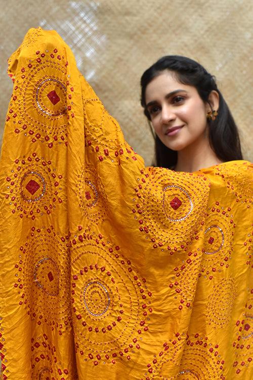 Haldi Bandhani on Gaji Silk Dupatta with Mirror Work