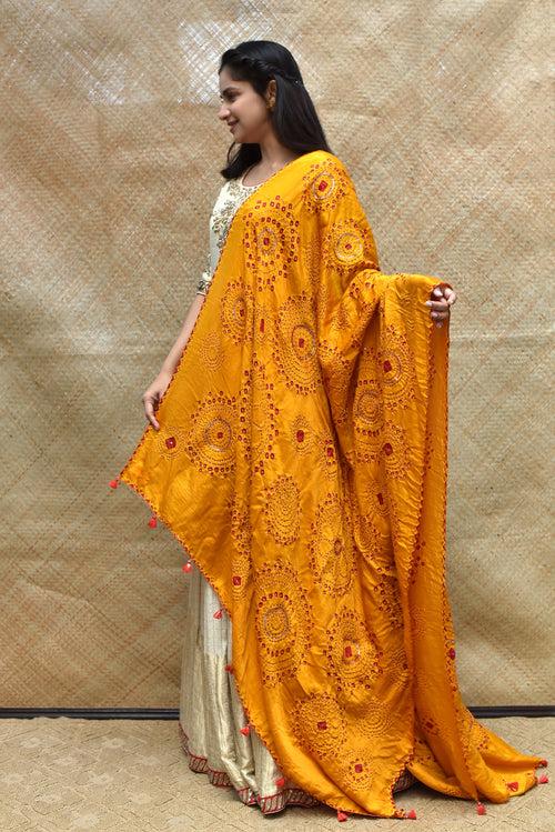 Haldi Bandhani on Gaji Silk Dupatta with Mirror Work