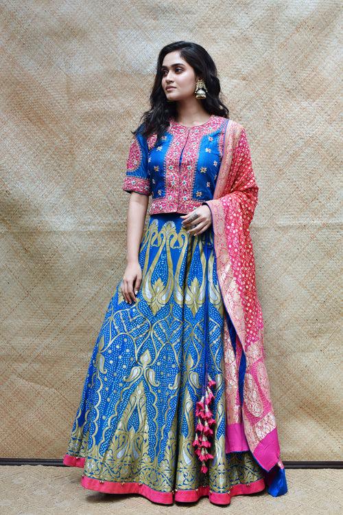 Bright Blue Banarasi Bandhani Lehenga Set