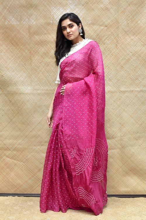 Bandhani on Organza Saree with Pattern on Pallu - Magenta