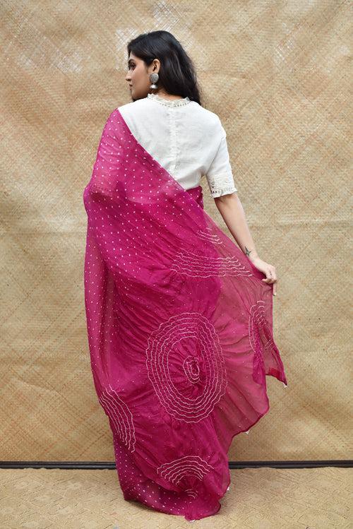 Bandhani on Organza Saree with Pattern on Pallu - Magenta