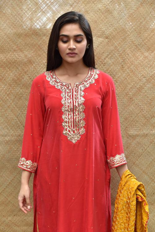 Red Silk Kurta with Sequence Work