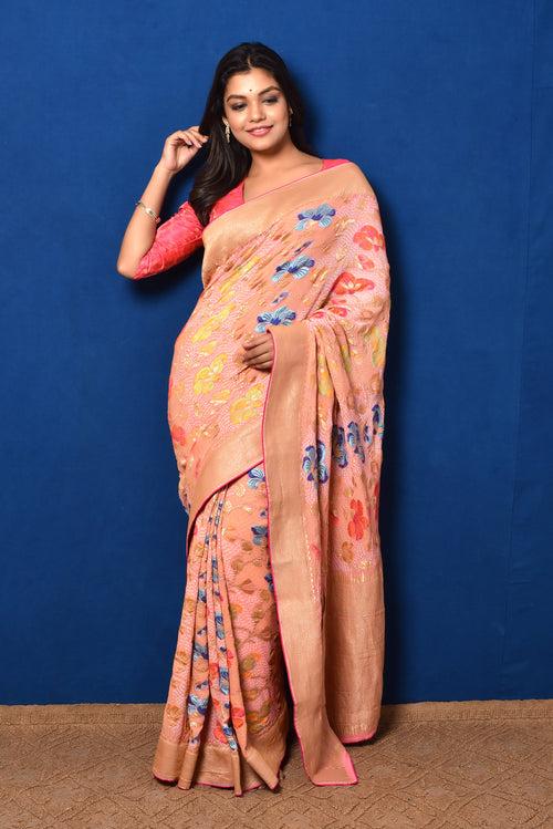 Floral Meenakari Motifs on a Peach Banarasi Bandhani Saree