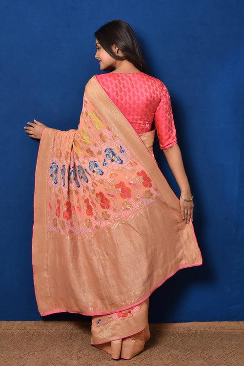 Floral Meenakari Motifs on a Peach Banarasi Bandhani Saree