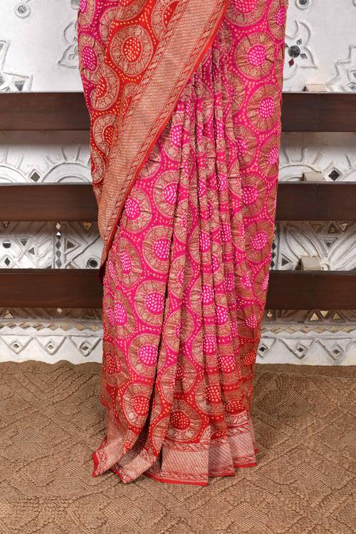 Circular Woven Banarasi Bandhani Saree - Hot Pink + Red