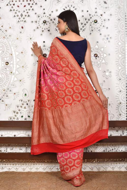 Circular Woven Banarasi Bandhani Saree - Hot Pink + Red