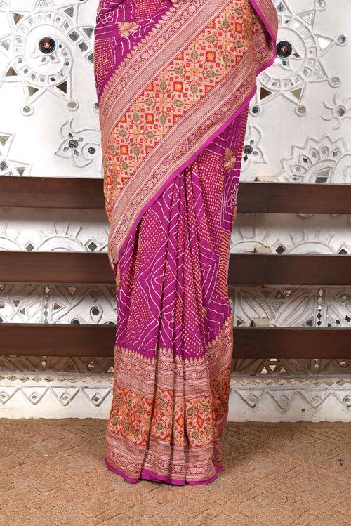 Broad Border Meenakari Banarasi Bandhani Saree - Purple