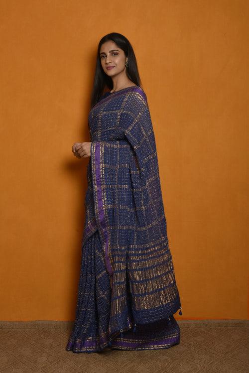 Gharchola Inspired Pure Zari Kota Saree with Bandhani - Blue