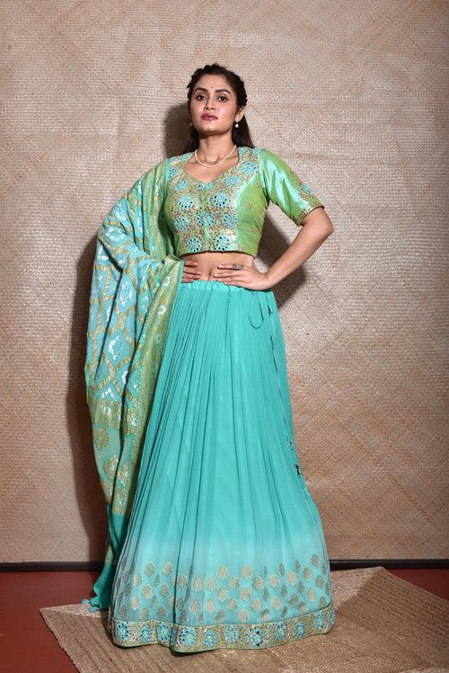 Sea Green Lehenga Set with Banarasi Bandhani Dupatta