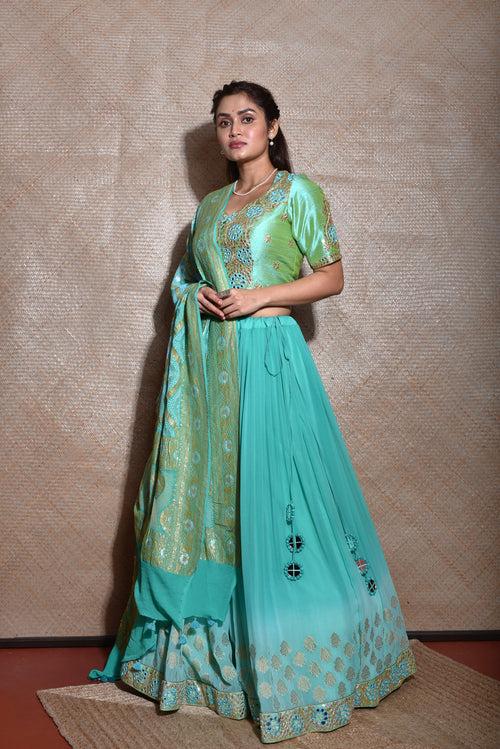 Sea Green Lehenga Set with Banarasi Bandhani Dupatta