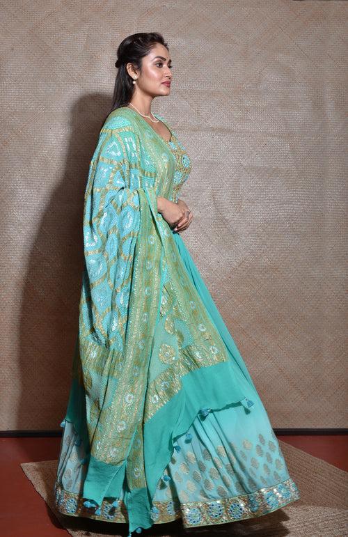 Sea Green Lehenga Set with Banarasi Bandhani Dupatta