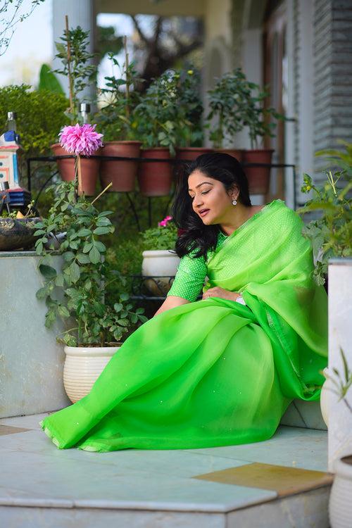 Green Shaded Pure Organza Saree With Bandhani Blouse