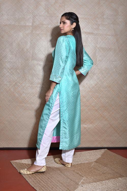 Sky Blue Bandhani on Silk Kurta with Mirror Work