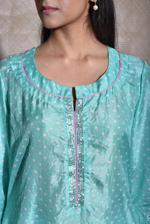 Sky Blue Bandhani on Silk Kurta with Mirror Work