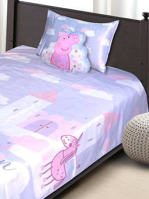 Peppa Pig Micro Polyester Single Size Bed sheet (60*90) with 1 Pillow Cover (17''x 27'') & 1 Shaped Cushion.