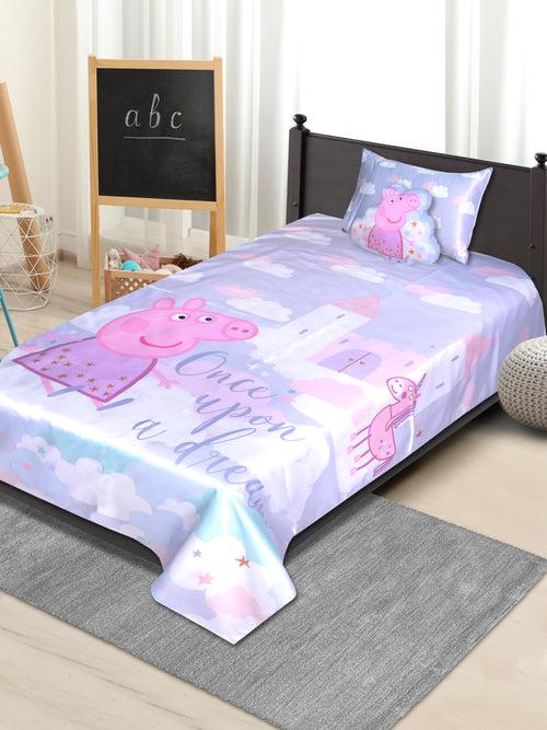 Peppa Pig Micro Polyester Single Size Bed sheet (60*90) with 1 Pillow Cover (17''x 27'') & 1 Shaped Cushion.