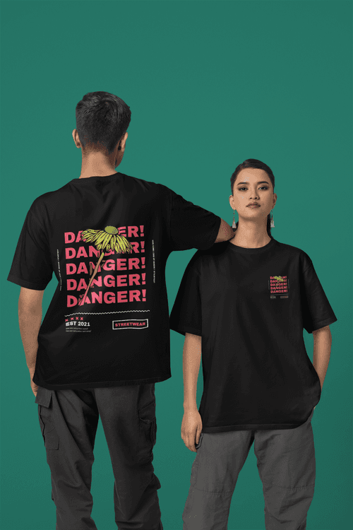 Danger Oversized Black Front and Back Printed Tshirt Unisex