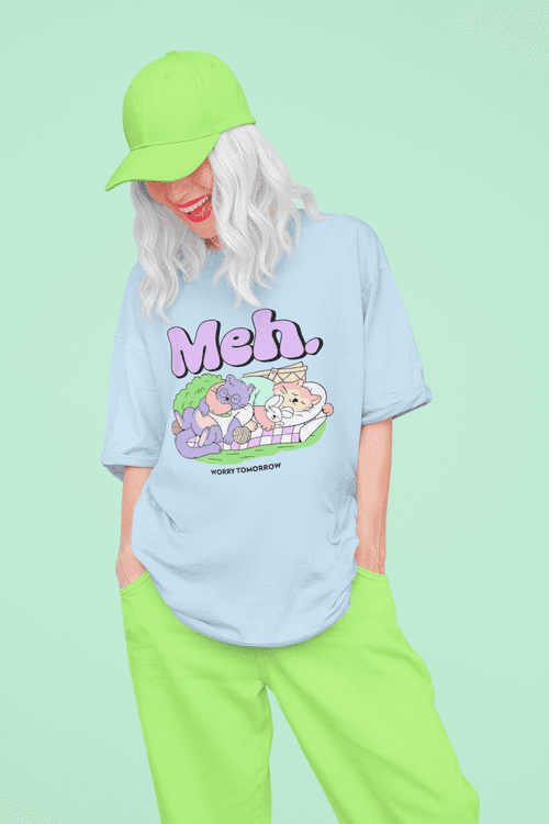 Meh Oversized Baby Blue Printed Tshirt Unisex