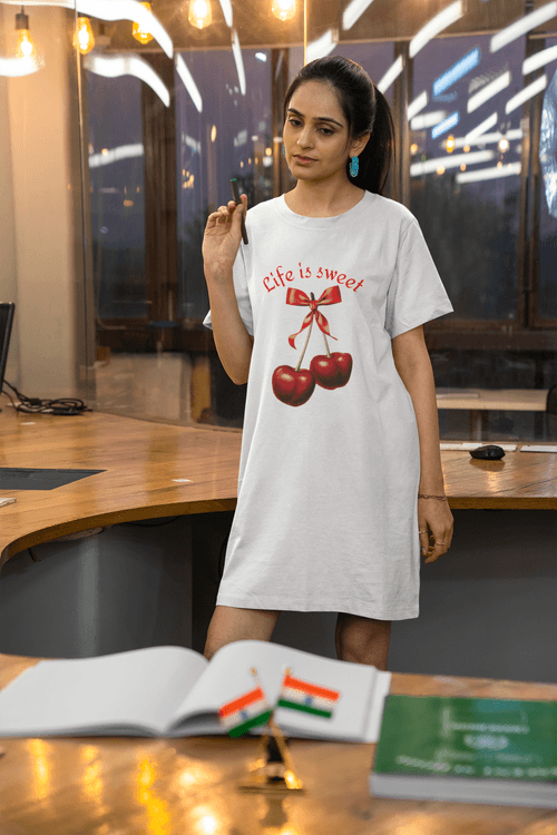 Life is sweet Printed White T-shirt Dress