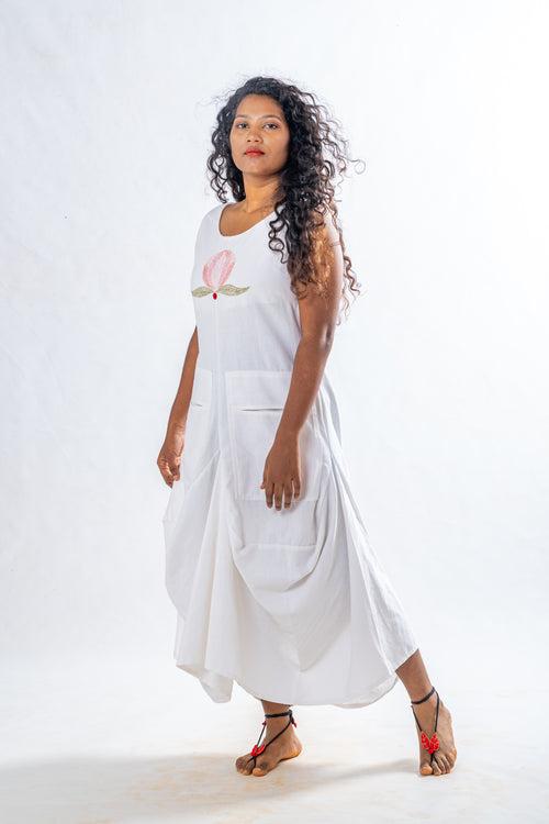 Briglo- Lotus embroidered white cotton dress