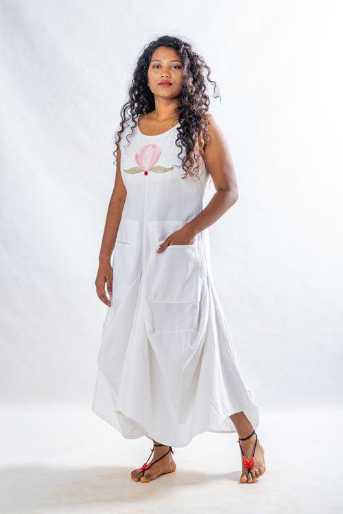 Briglo- Lotus embroidered white cotton dress