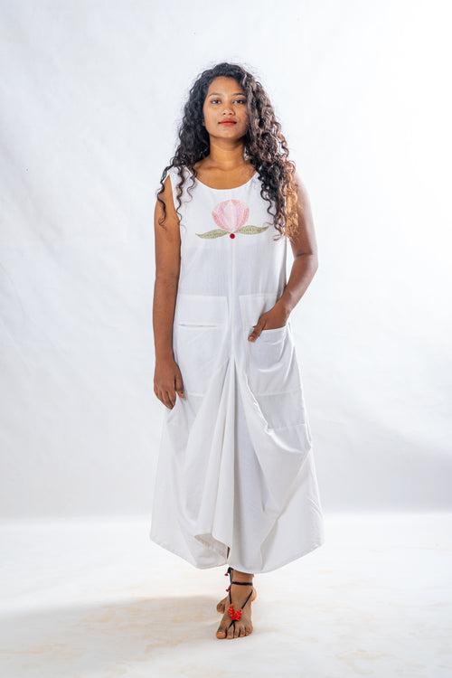 Briglo-  white Khadi dress lotus emb