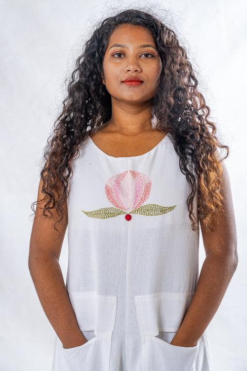 Briglo- Lotus embroidered white cotton dress