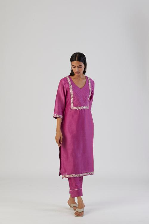 Fuchsia Pink Bel Embroidery Kurta Set