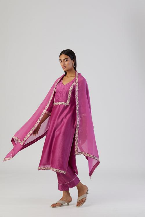 Fuchsia Pink Bel Embroidery Kurta Set