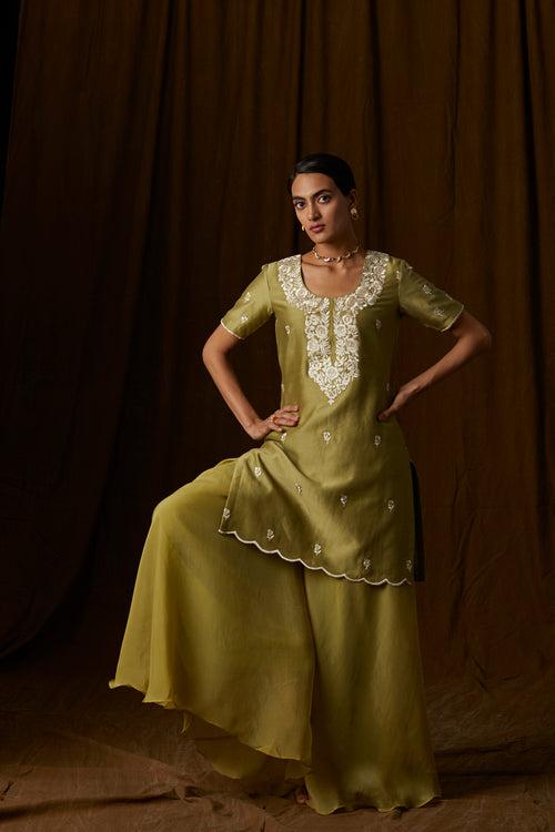 Olive Green Floral Silk Chanderi Sharara Set