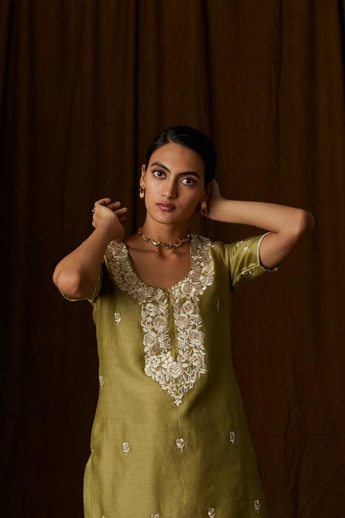 Olive Green Floral Silk Chanderi Sharara Set