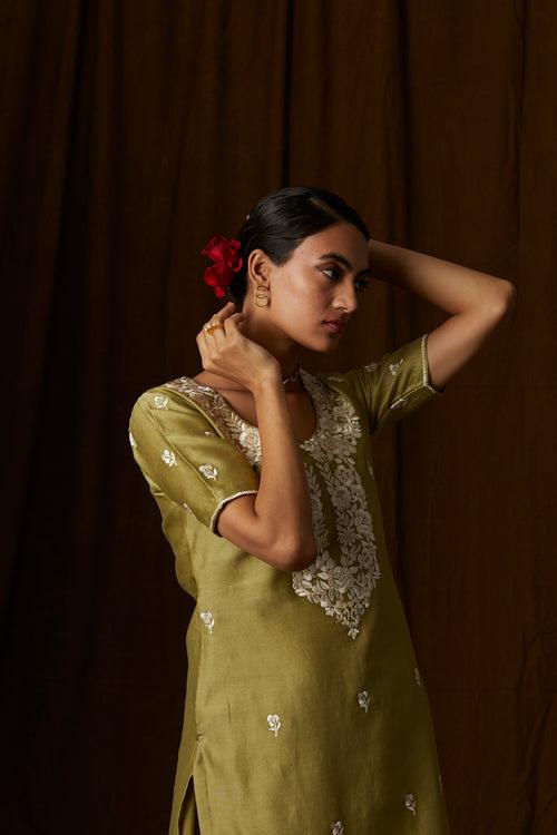 Olive Green Floral Silk Chanderi Sharara Set