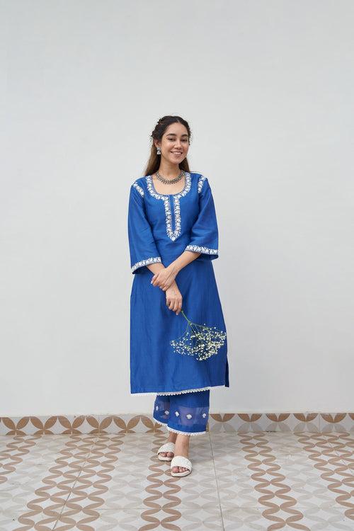 Royal Blue Silk Chanderi Embroidered Kurta Set With Silk Organza Dupatta (Set of 3)