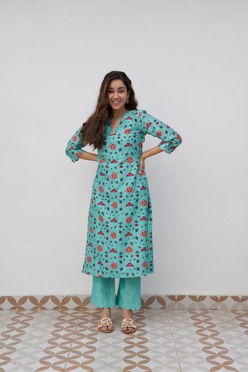 Turquoise Blue Silk Chanderi Printed Kurta Set (Set of 2)