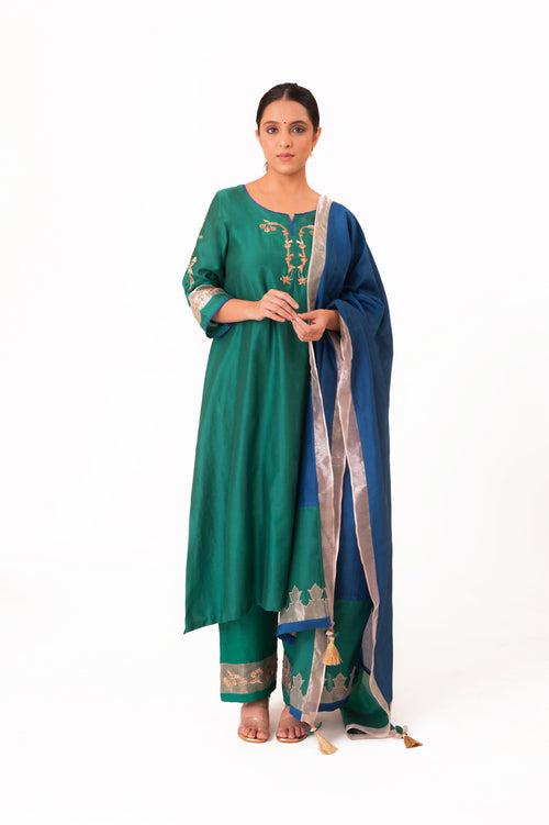 LILA - Emerald Green - Tissue Patch work Dupatta Kurta Set